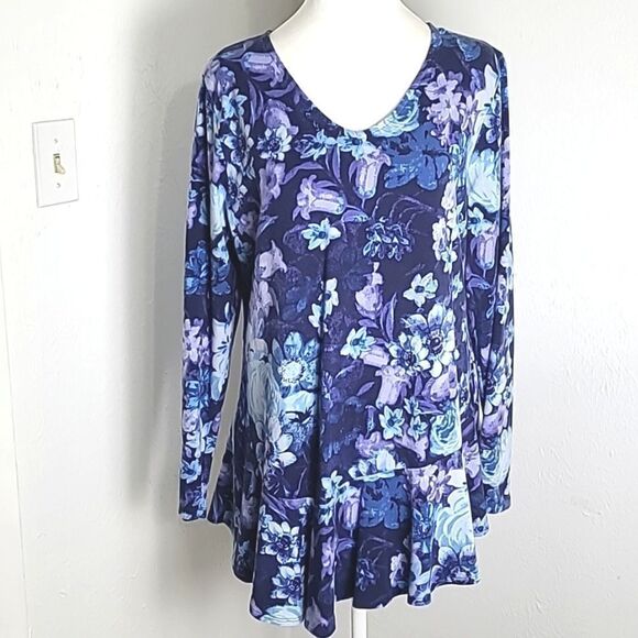 Isaac Mizrahi Shades of Blue Aysemetrical Tunic Top, Ruffled Hemline, Size Large - Picture 1 of 12